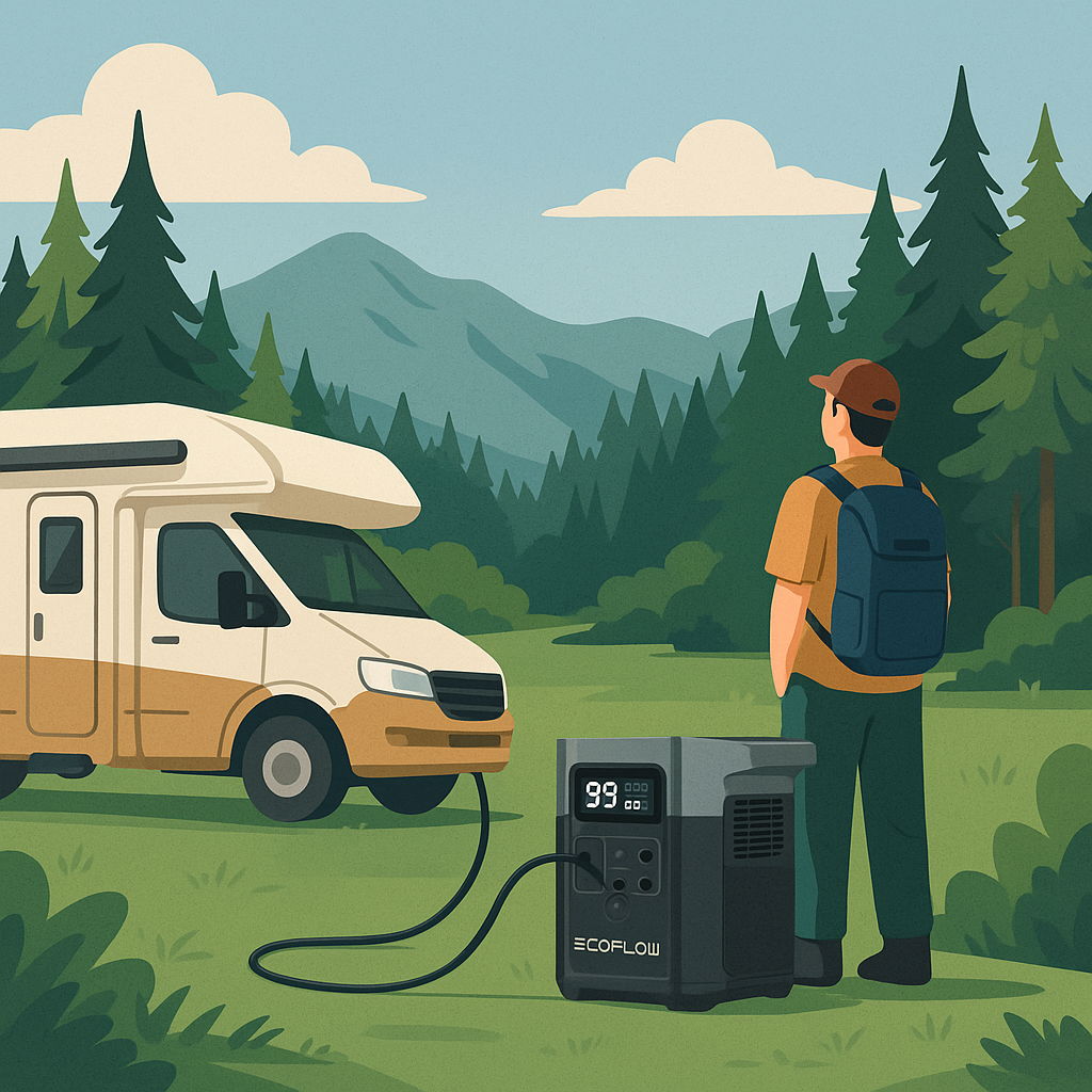 best portable powerstation også kaldet bærbar powerstation på dansk den levere strøm til autocamberen på billedet imens manden på billedet nyder naturen