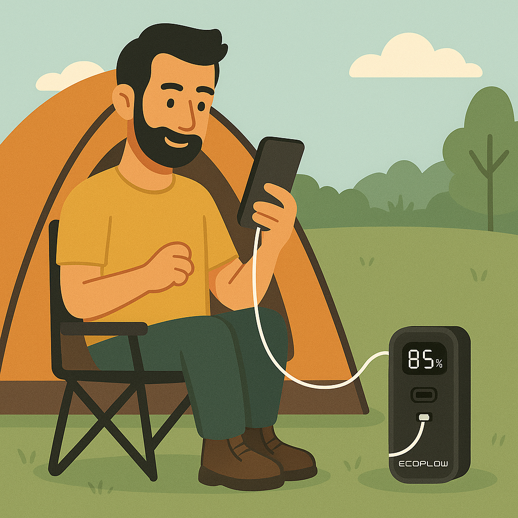 mand der er på camping og lader sin tlf op med en ecoflow powerbank