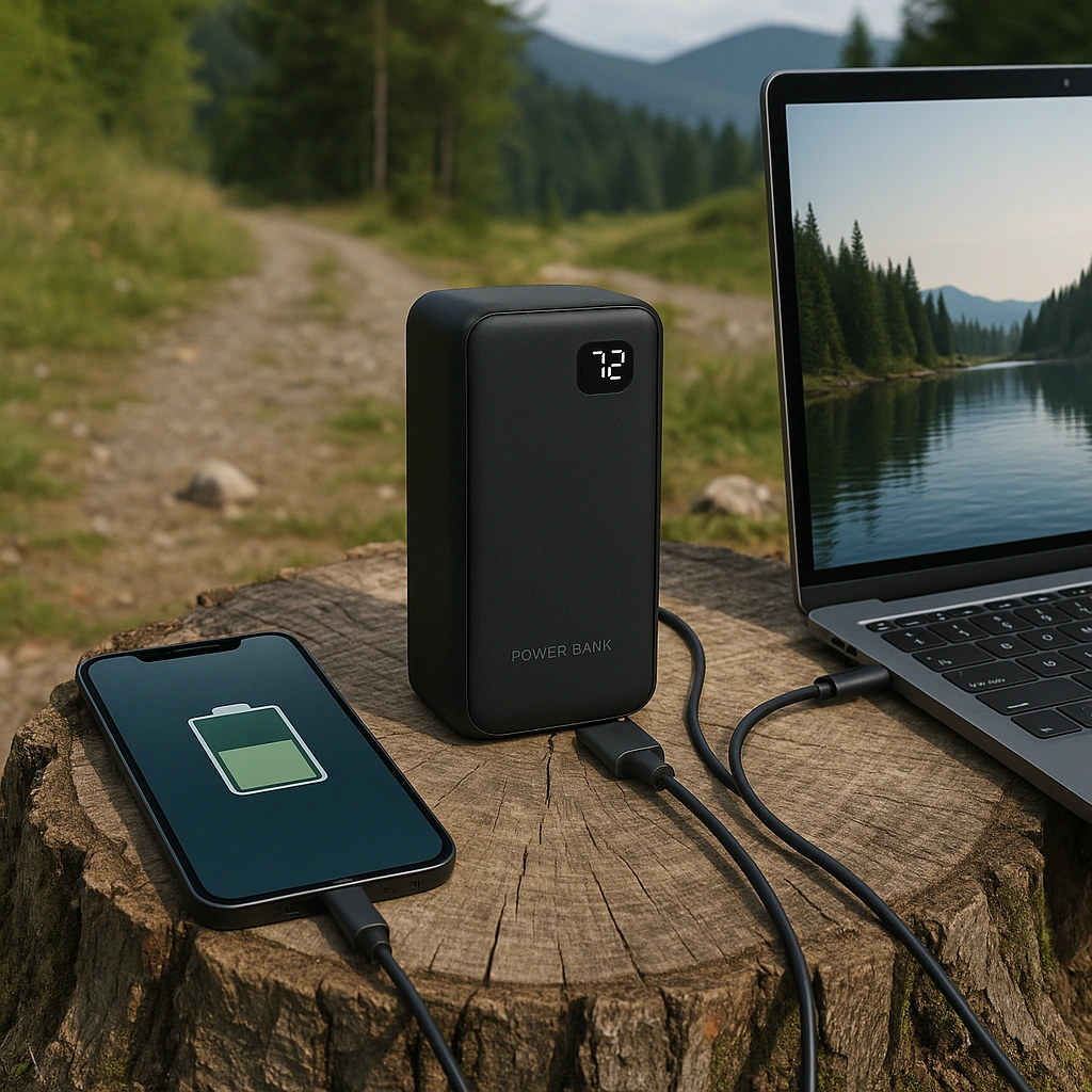 billeder af en anker powerstation der bruges til at oplade en telefon og laptop